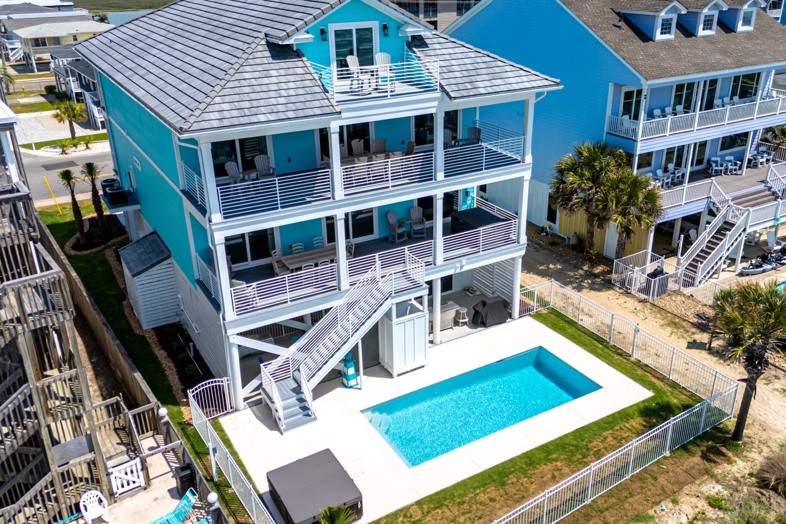 Rear aerial view with the private pool